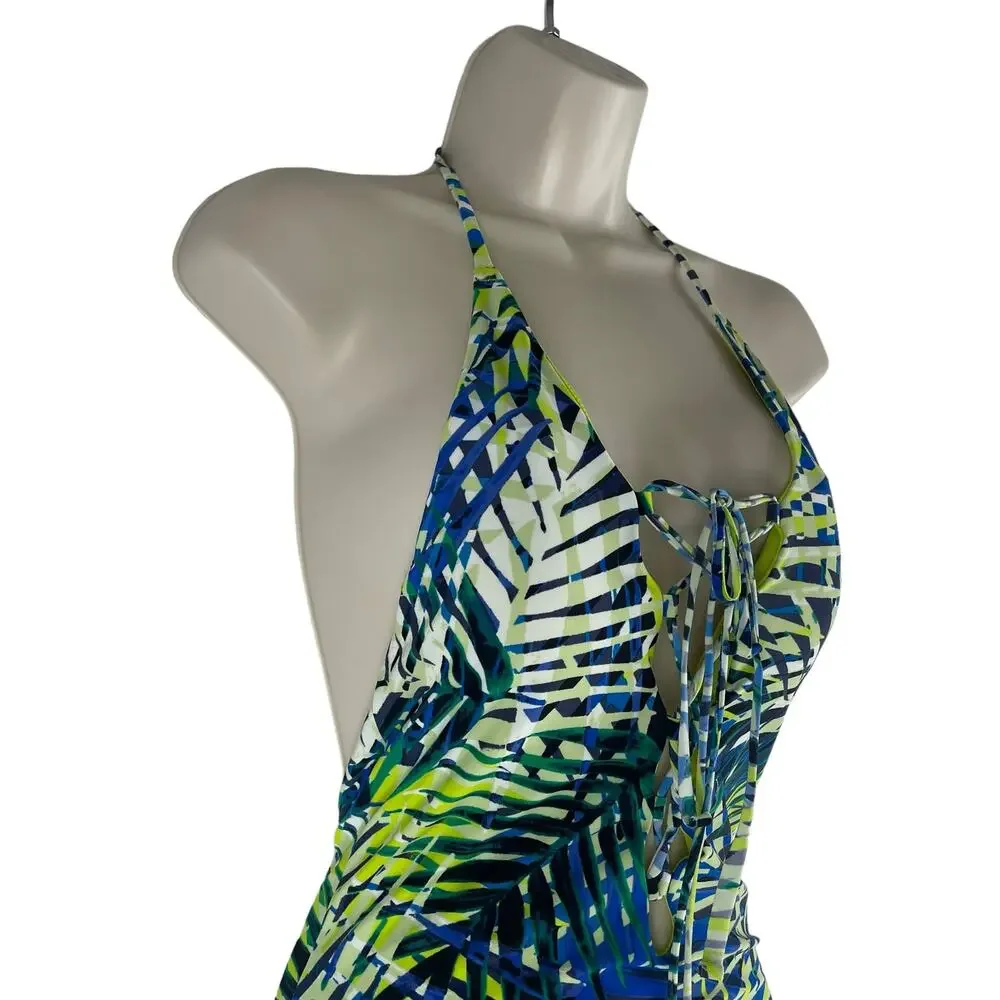 Aerie Tropical Leaf Print Plunge V Neck Lace Up One Piece Swimsuit Size S